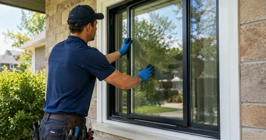 technician measuring a broken window pane for replacement in West Rouge, Scarborough