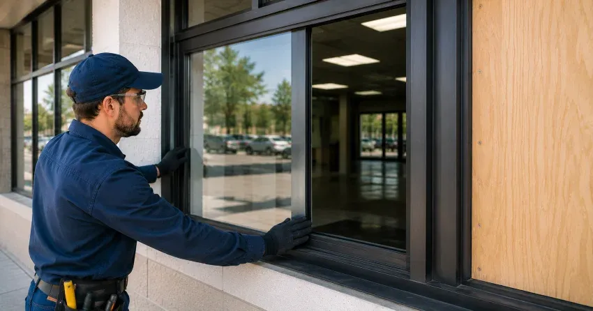technician boarding a broken window after a break-in in Golden Mile, Scarborough