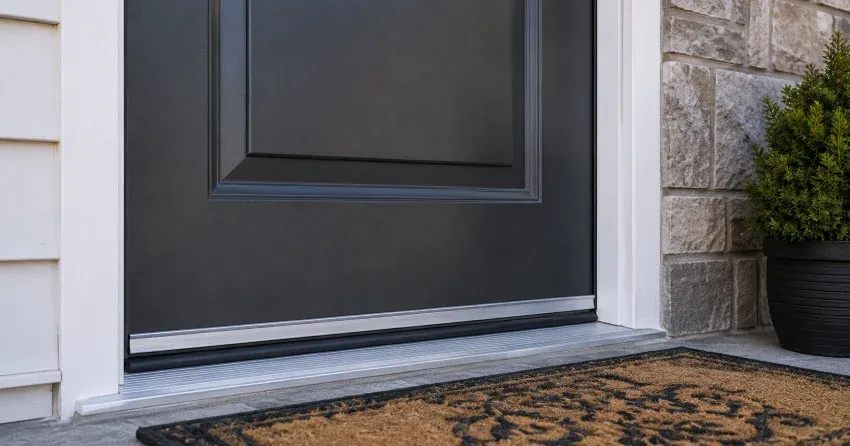 technician replacing worn door weatherstripping in Scarborough home