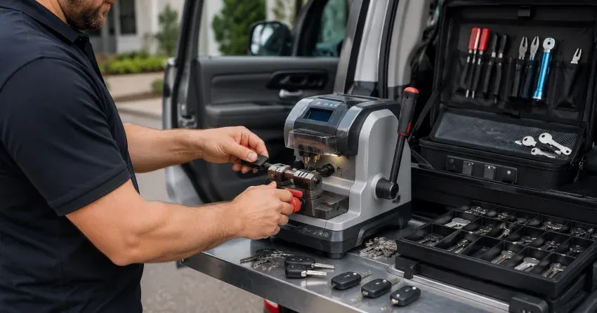 technician cutting a replacement car door lock key in Morningside, Scarborough