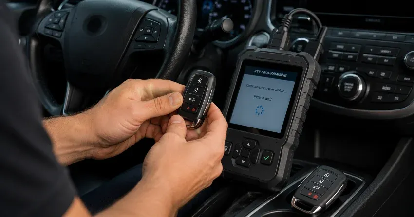 technician inspecting a worn car key before replacement in Scarborough