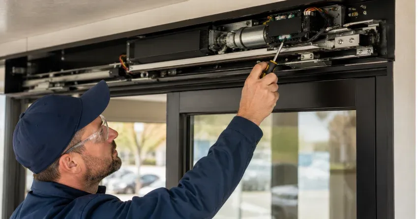 technician completing automatic door repair on residential property in Scarborough