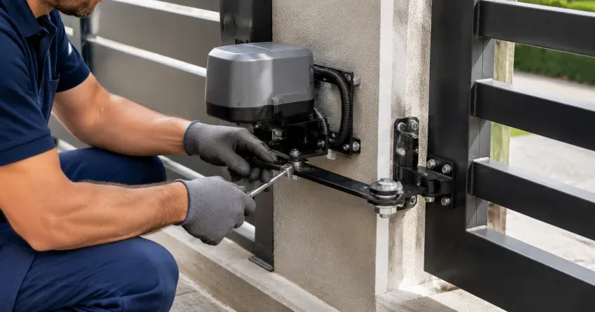 technician diagnosing automatic gate motor and control panel in Morningside, Scarborough