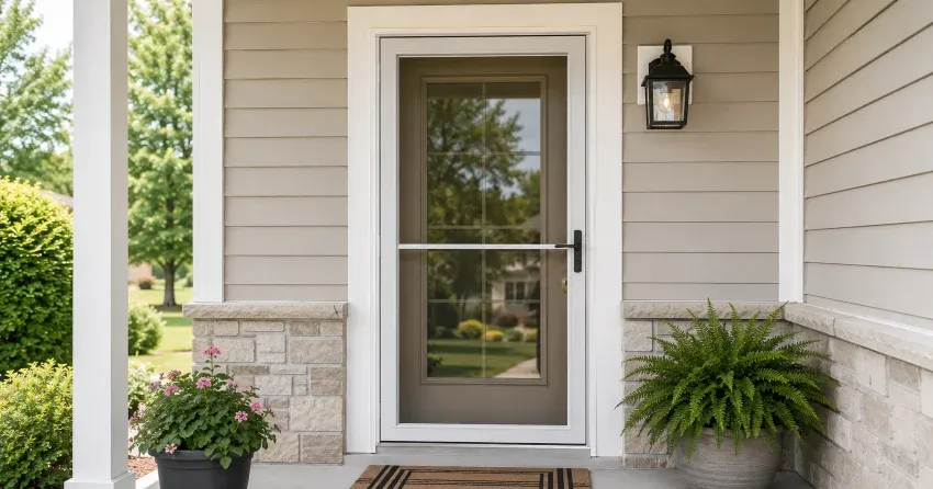 technician hanging storm door square and plumb in Port Union, Scarborough