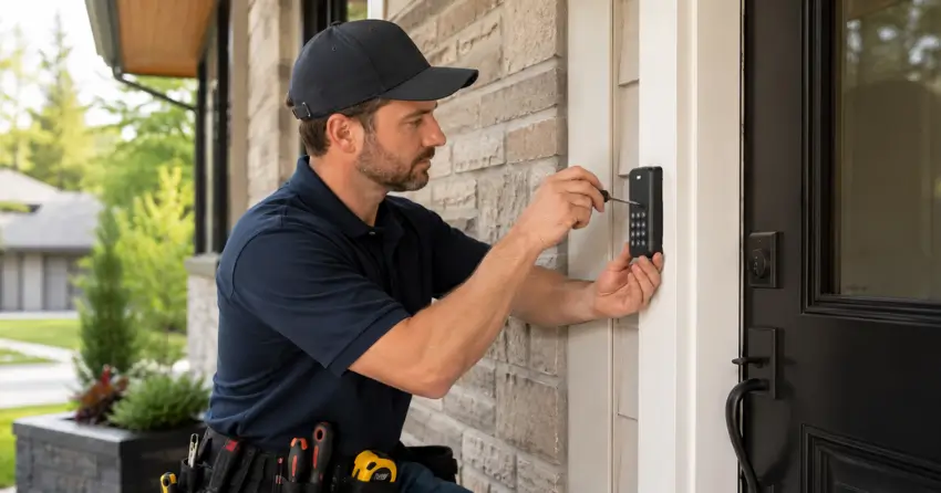 Technician installing an access control system keypad beside a residential front door in Ionview, Scarborough