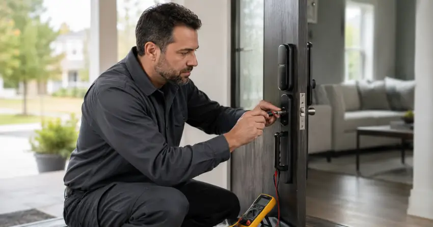 technician diagnosing automatic door lock mechanism on residential door in Morningside, Scarborough