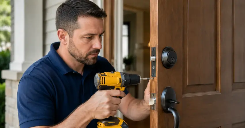 technician installing a new deadbolt during Change Door Lock West Rouge, Scarborough service
