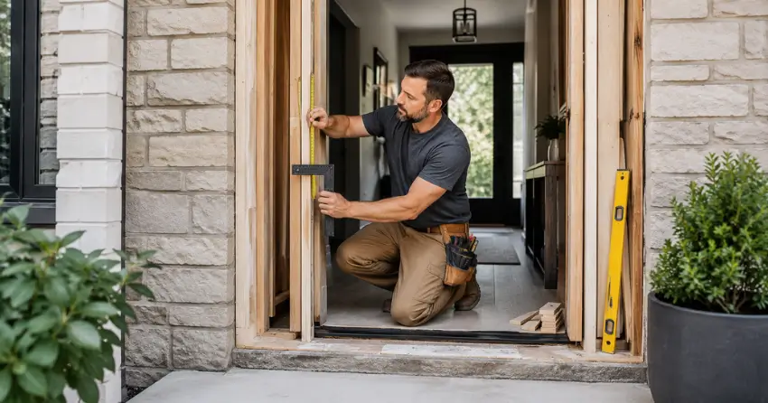 exterior door installer assessing rough opening in Bendale, Scarborough