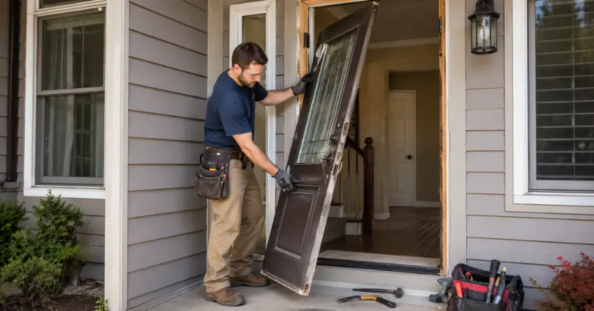 old exterior door being removed for replacement in Scarborough