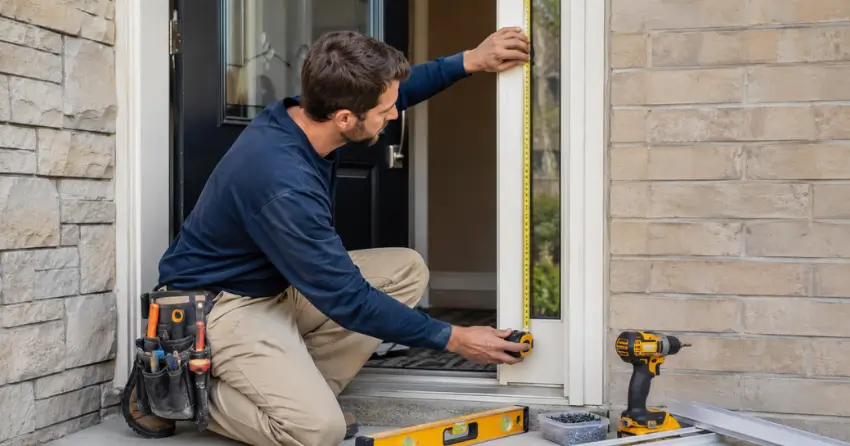 technician measuring door frame before storm door install in Clairlea, Scarborough
