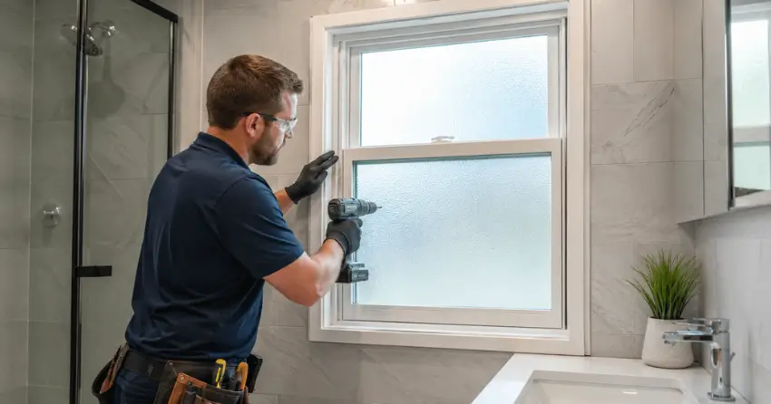 frosted glass installation bathroom window in Morningside, Scarborough