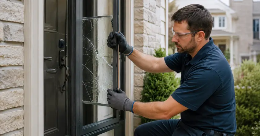 technician removing cracked storm door glass panel in Scarborough