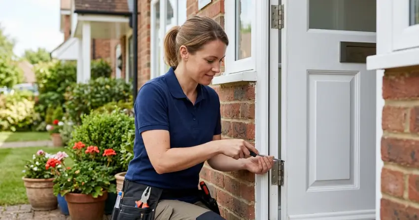 technician repairing exterior door hinge and frame in Highland Creek, Scarborough