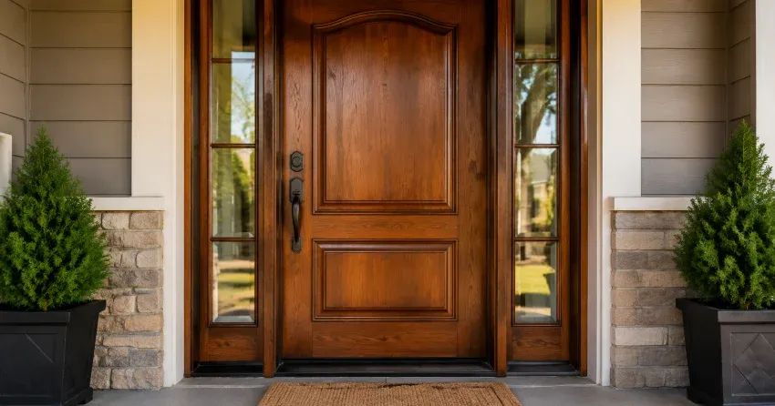 wood door mid-restoration showing stripped bare wood in Scarborough
