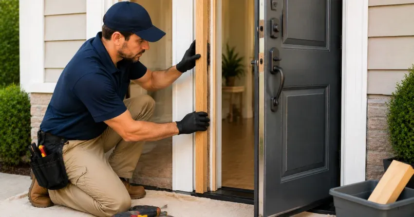 technician inspecting damaged door frame corner in Tam O