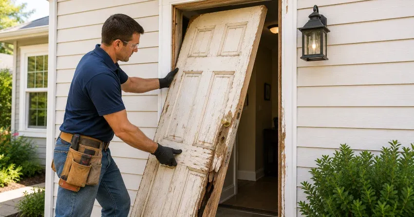 warped exterior door frame showing weather damage in Malvern, Scarborough