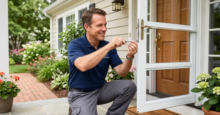 technician adjusting storm door hinge and closer in Dorset Park, Scarborough