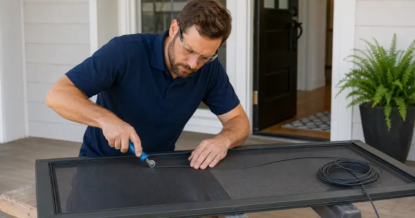technician replacing screen door mesh and spline in Agincourt, Scarborough